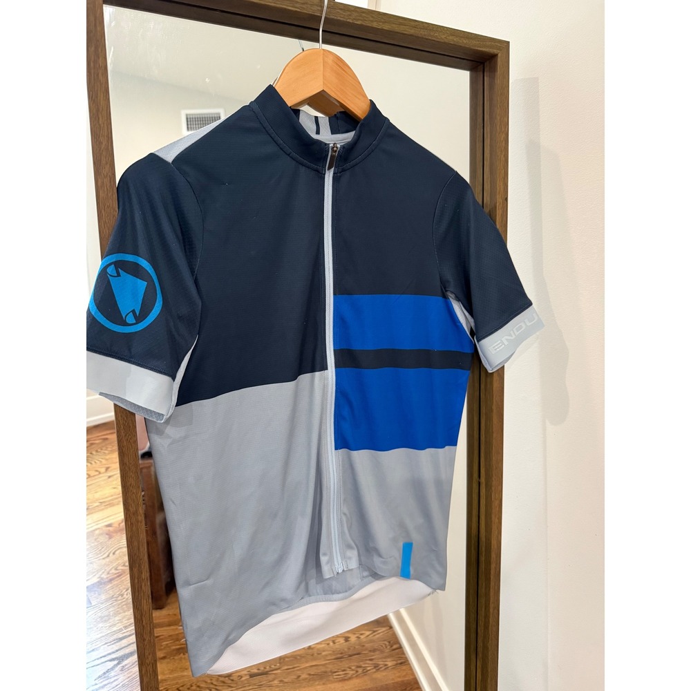 Endura Mens Cycling Jersey Medium Blue Navy Grey Full Zip Short Sleeve Pockets